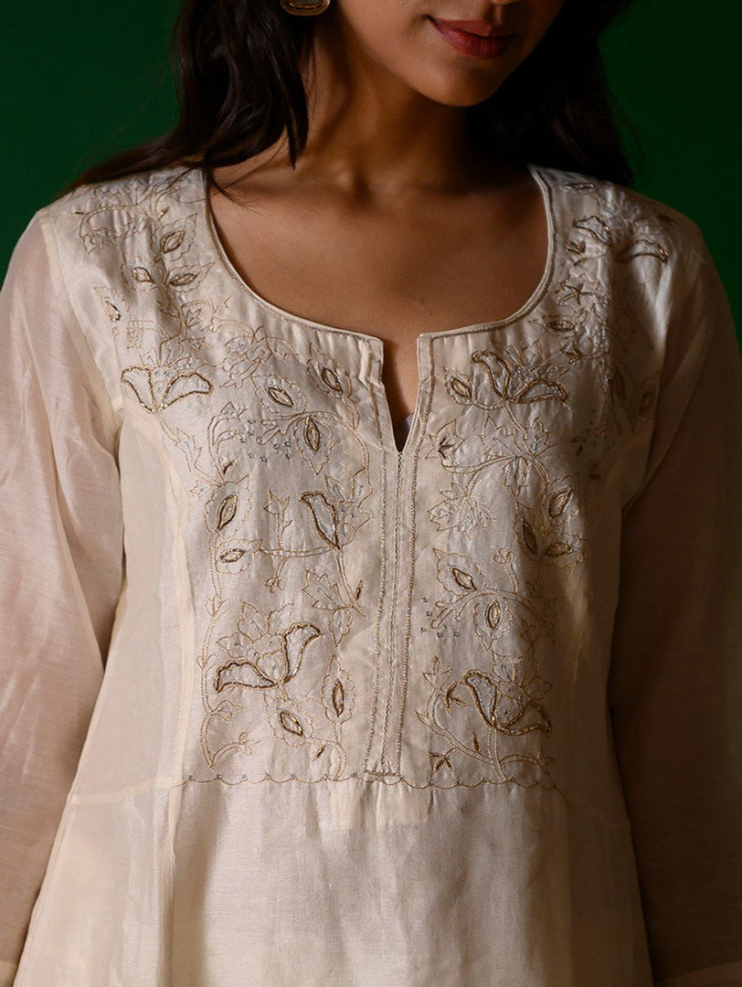 White embroidery Kurta + White Chanderi pants