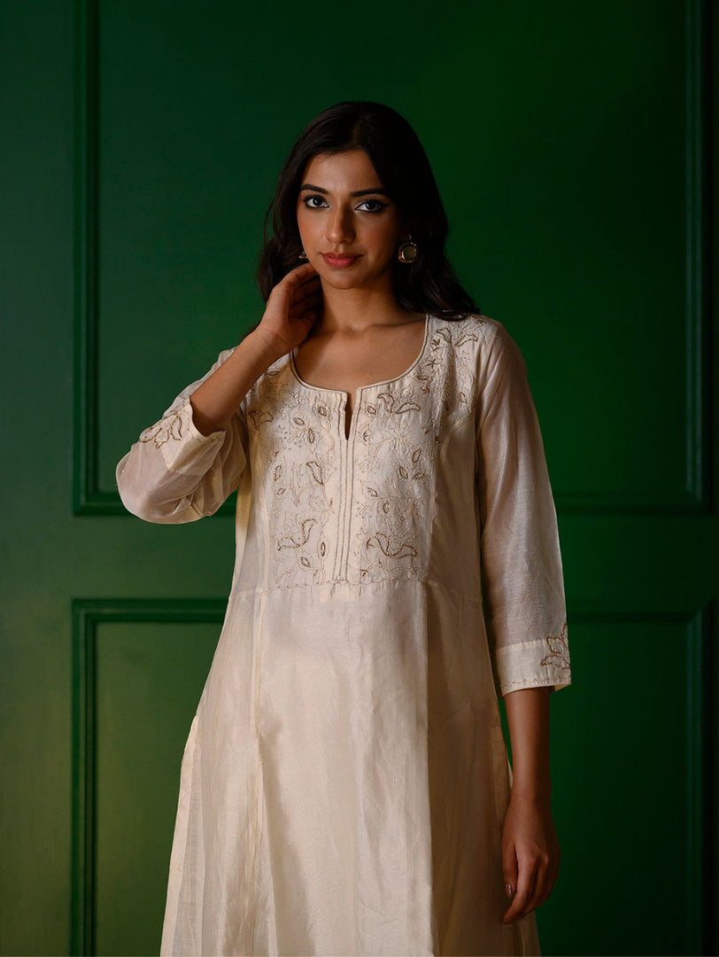 White embroidery Kurta + White Chanderi pants