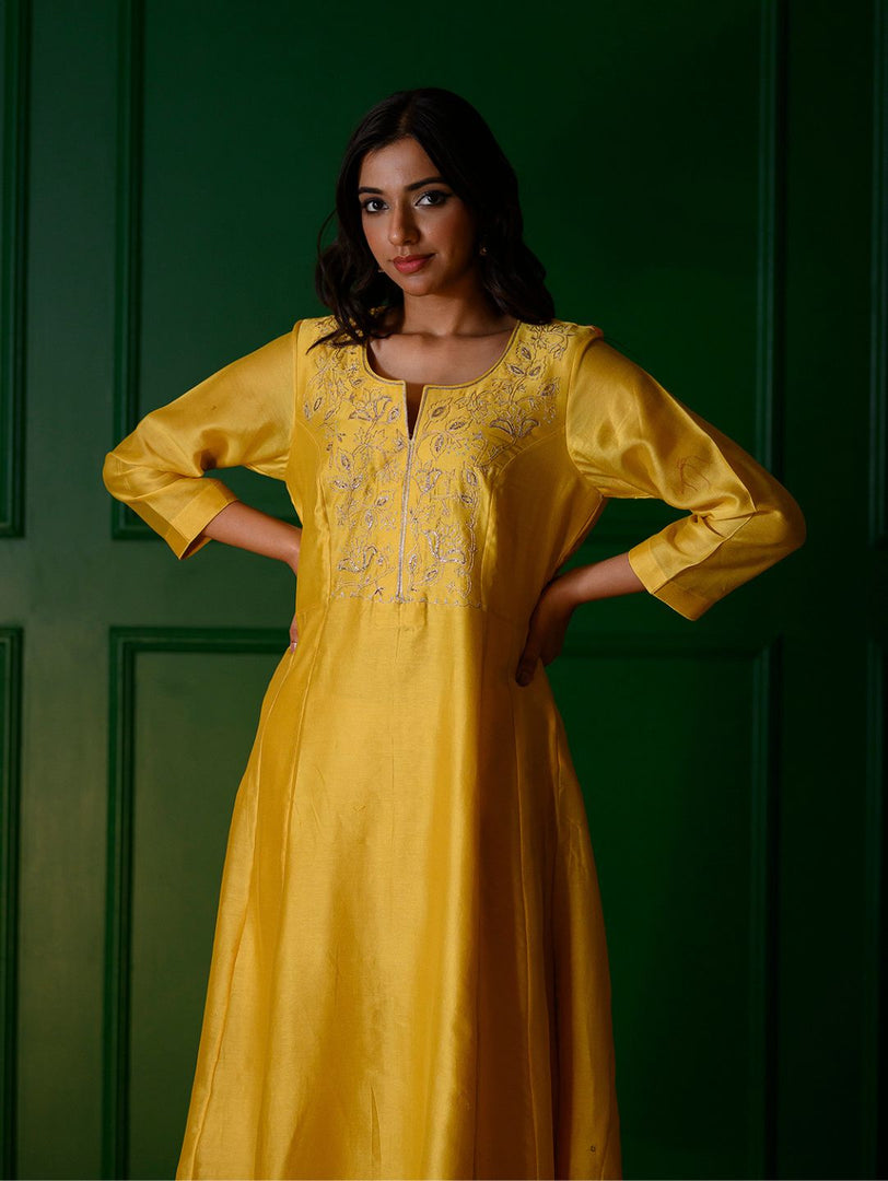 Yellow embroidery Kurta + Yellow chanderi Pants