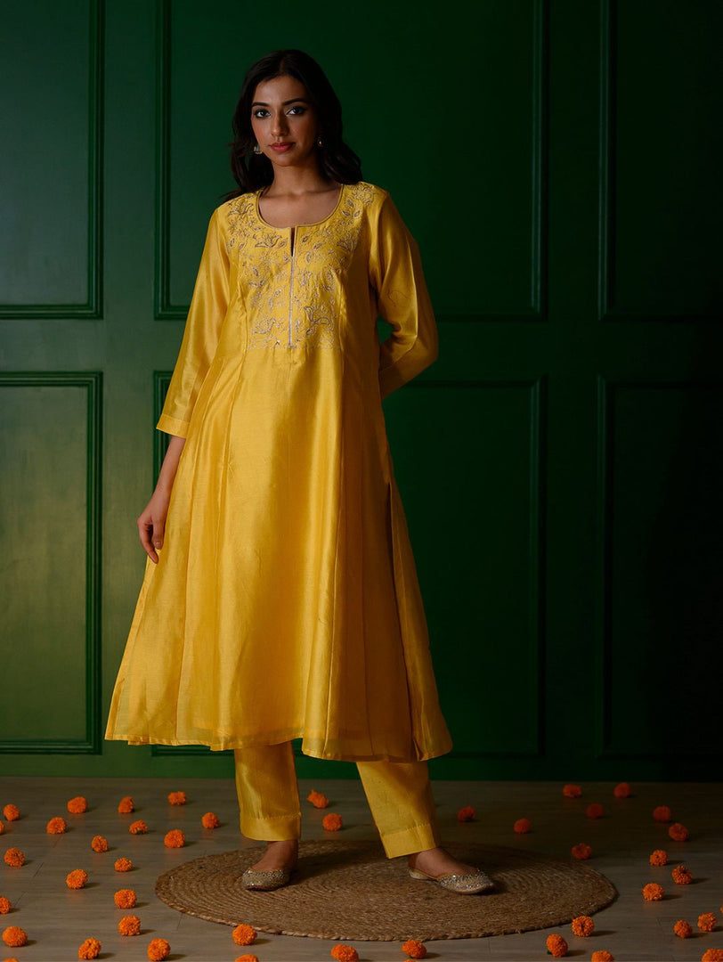 Yellow embroidery Kurta + Yellow chanderi Pants