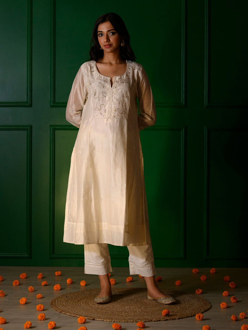 White embroidery Kurta + White Chanderi pants