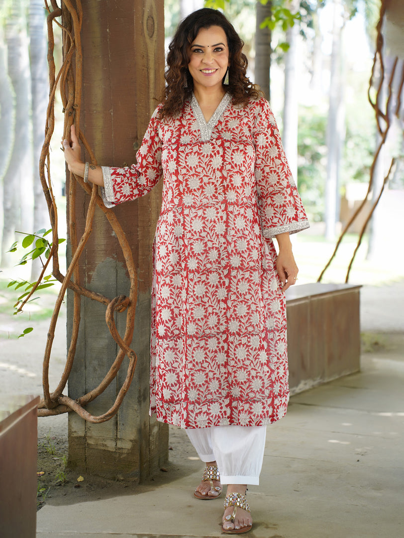 Women's Cotton Red & White Kurti – Samprada