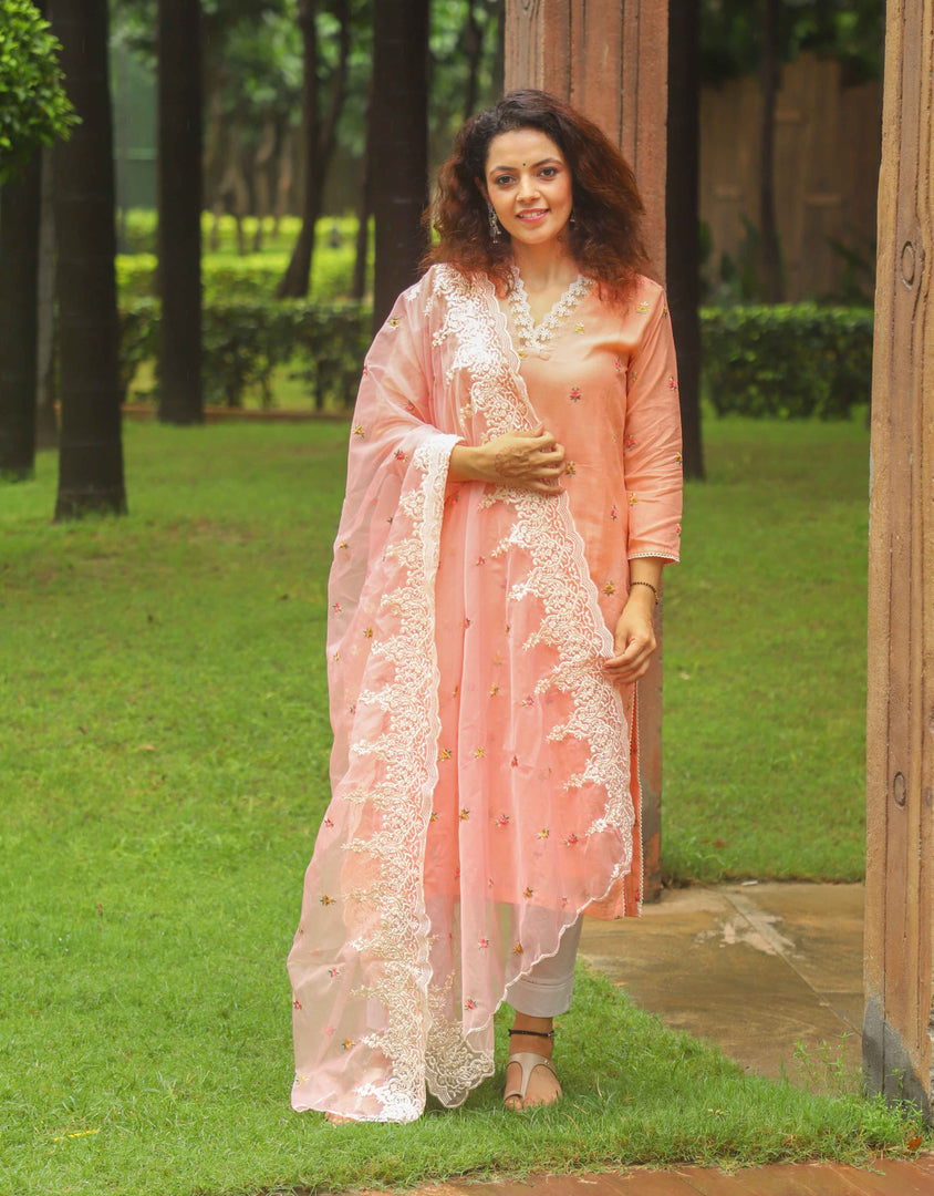 Peach linen with embroidery with organza dupatta