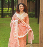 Load image into Gallery viewer, Peach linen with embroidery with organza dupatta
