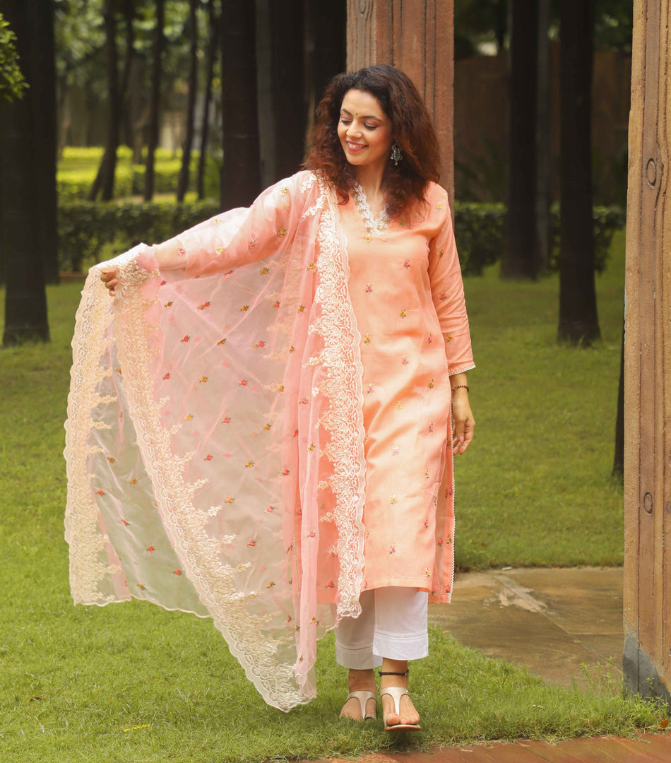 Peach linen with embroidery with organza dupatta